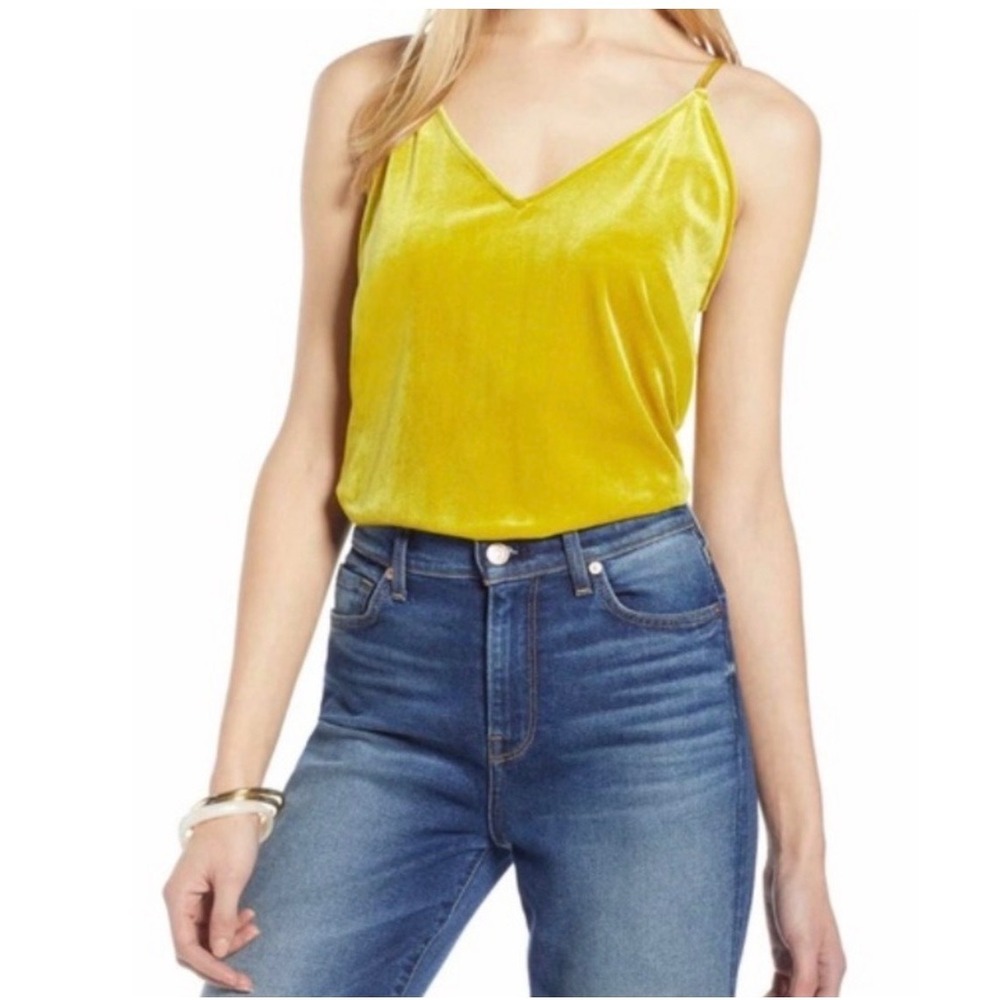 Halogen Velvet V-Neck Camisole Mustard Citron Yellow Spaghetti Strap Top Size M